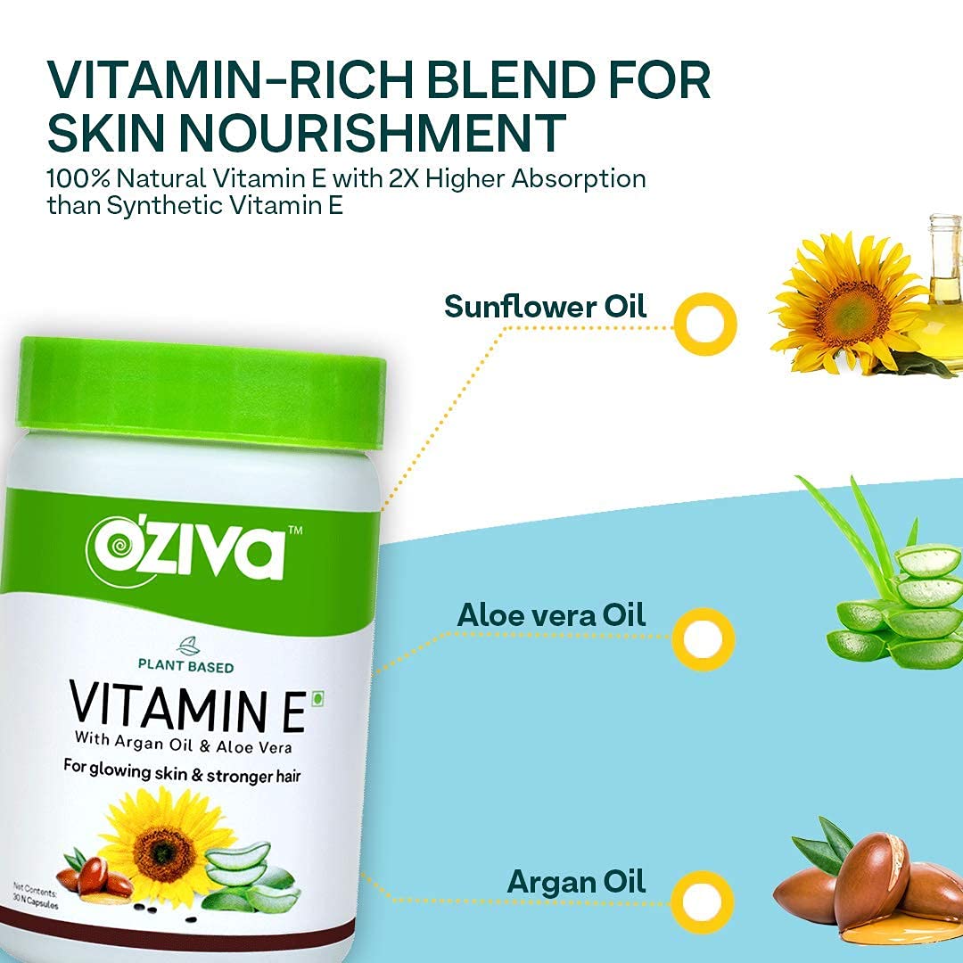 OZiva Plant Based Natural Vitamin E (With Argan oil + Aloe vera) - 30 Veg Capsules image 5