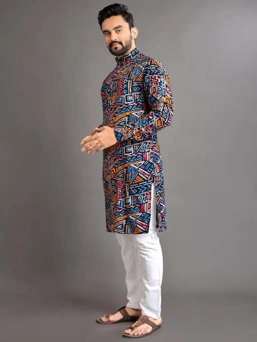 Navy Blue Men's Premium Soft Cotton Foil Print Kurta image 5
