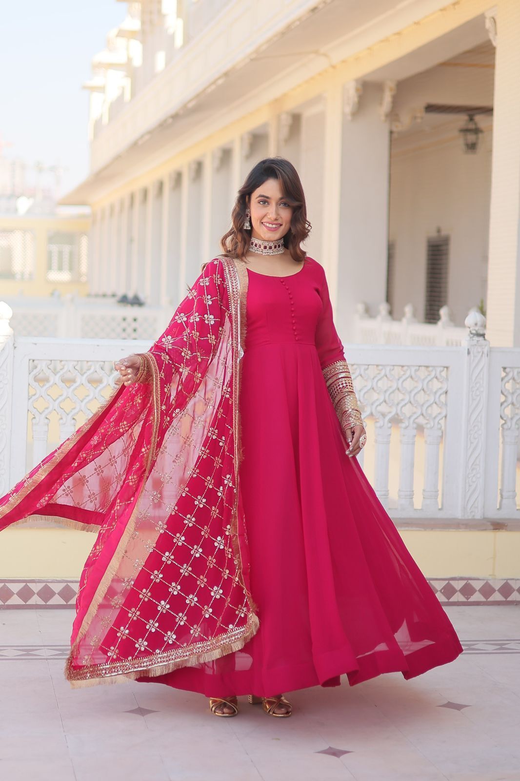 Rani Faux Blooming Sequence Embroidery Work Gown Dress With Dupatta image 1