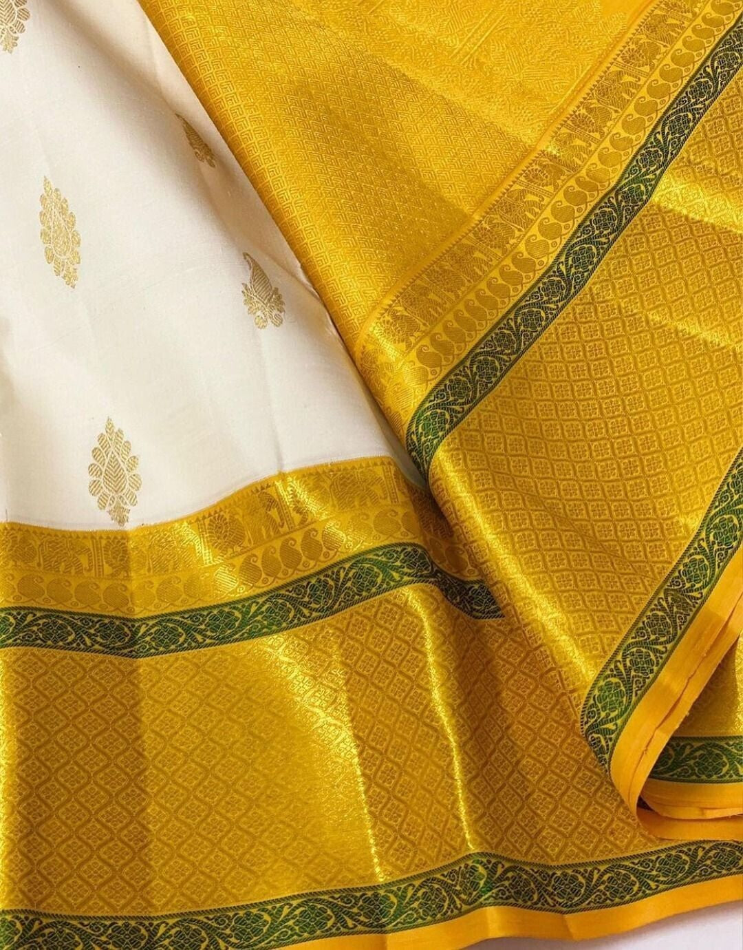 Yellow and White Soft Lichi Silk Saree image 5