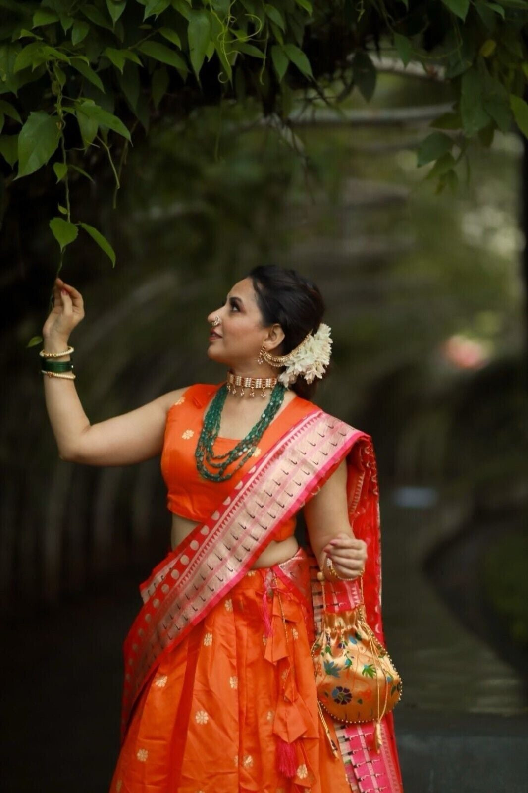 Orange Silk Paithani Weaving Zari Work Lehenga image 4