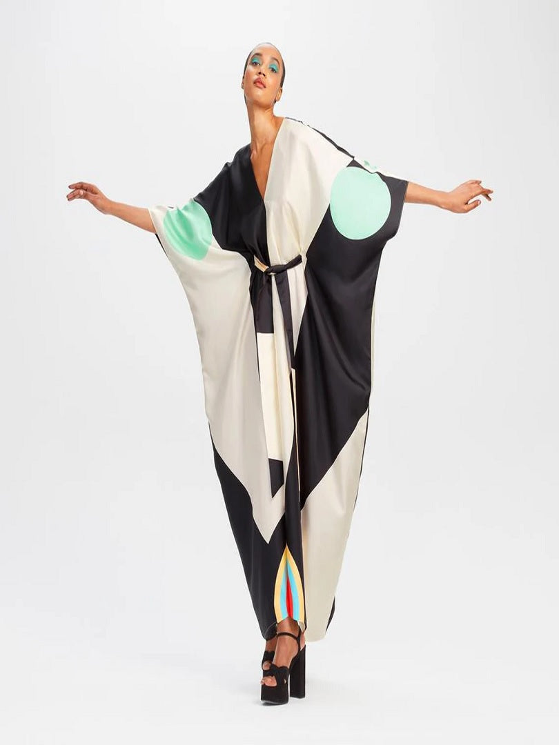 V-Neck Belt Style Women Soft Satin Silk Printed Kaftan J5631 image 6