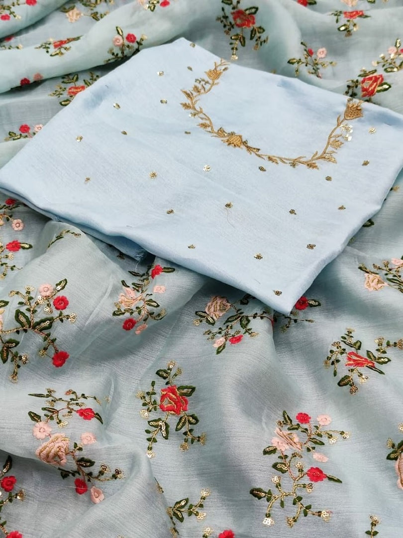 Sky Blue Color Khadi Organza With Floral And Sequence Work Saree image 6