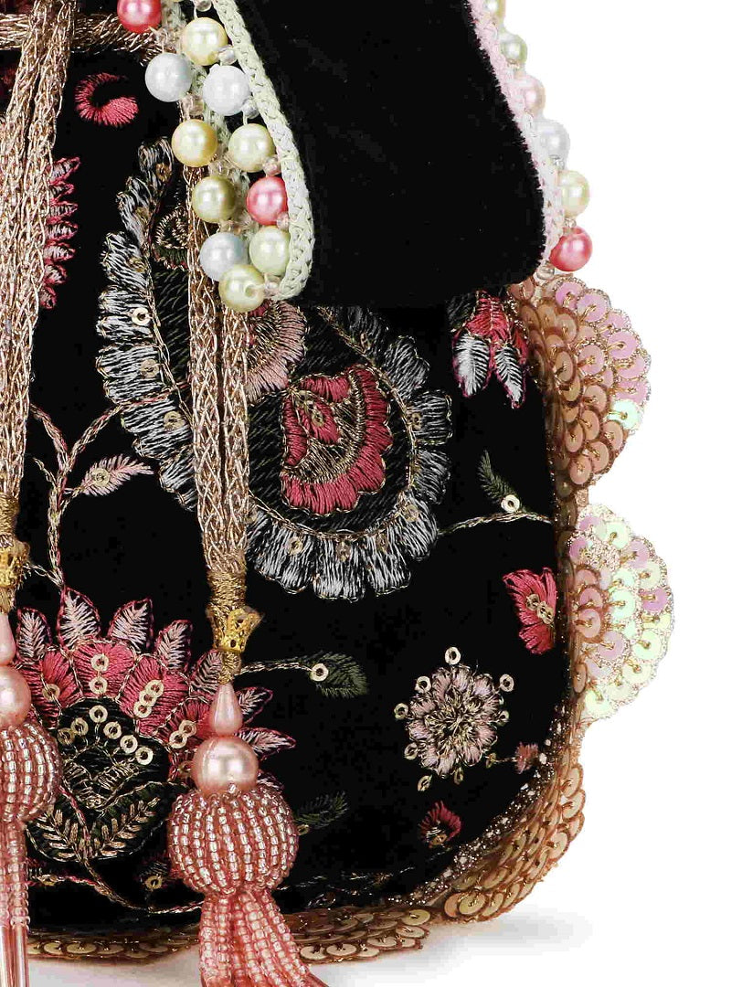 Black, Pink & Multi Velvet Floral Embroidered Potli bag image 6