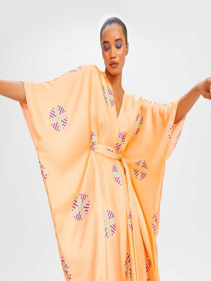Peach Color V-Neck Belt Style Women Satin Silk Printed Kaftan J5632 image 6