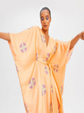 Peach Color V-Neck Belt Style Women Satin Silk Printed Kaftan J5632 image 6
