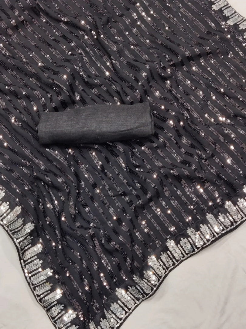 Black Georgette With Sequence Lace Work Saree image 4