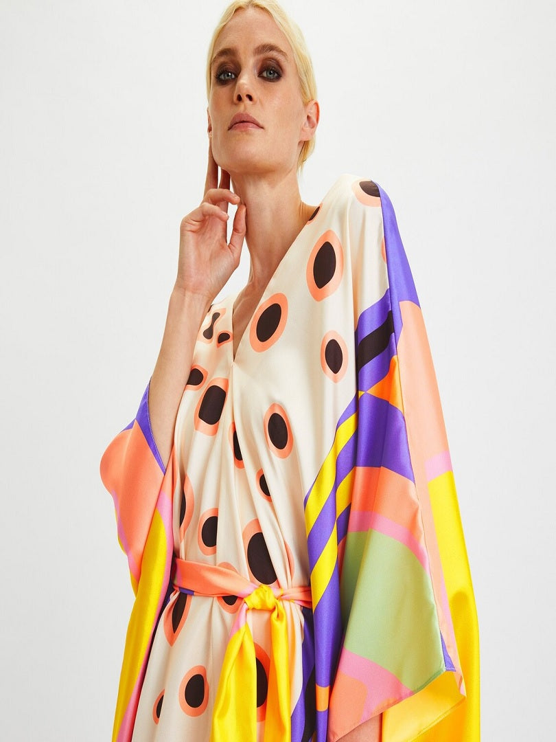 Butterfly Belted V-Neck Style Kaftan, Satin Silk Short Caftan J5654 image 6