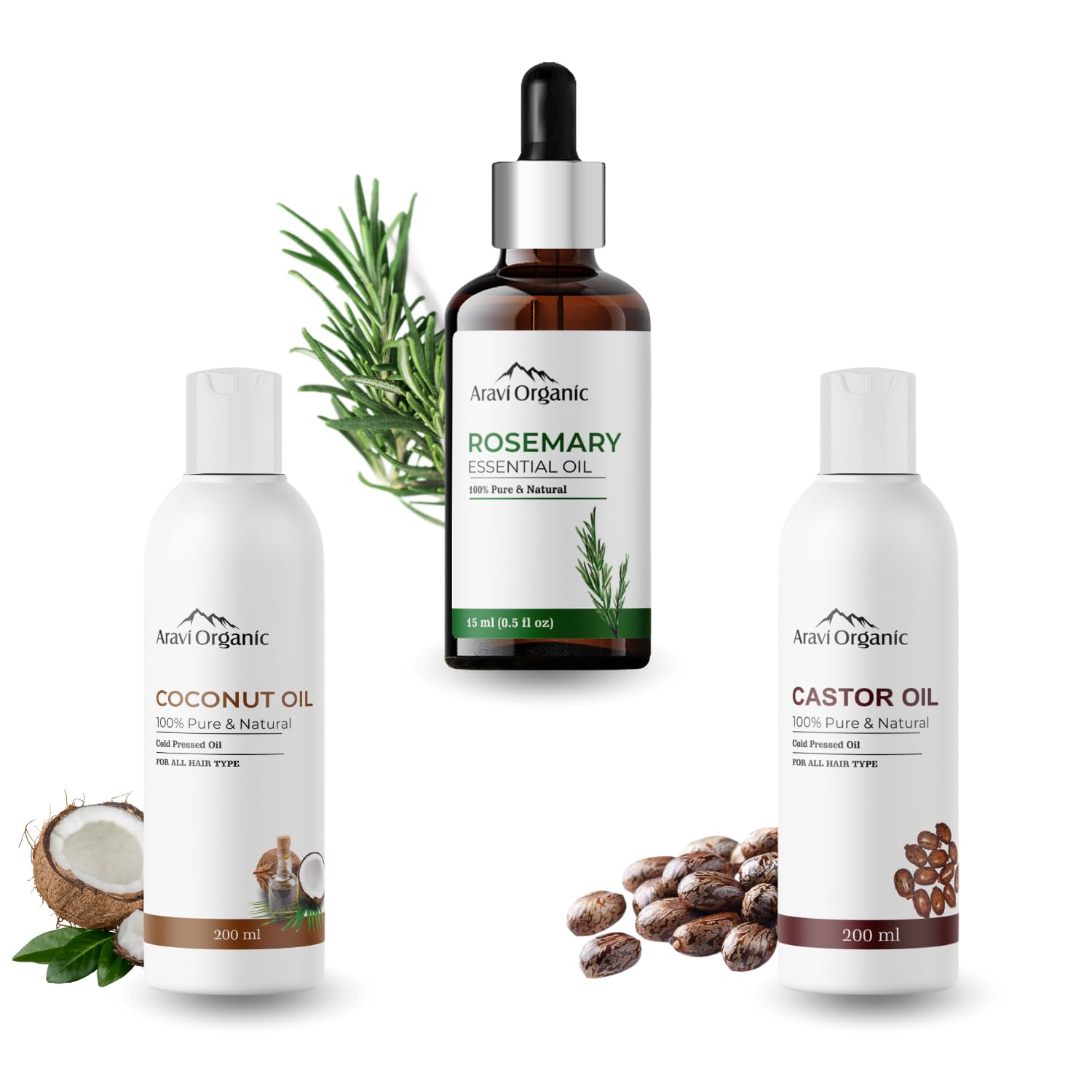 Aravi Organic  Rosemary Essential Oil, Cold Pressed Coconut Oil, And Castor Oil  Women and Men (Pack Of 2-200 ml & 15 ml) image 1