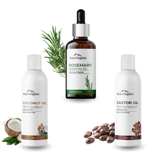 Aravi Organic  Rosemary Essential Oil, Cold Pressed Coconut Oil, And Castor Oil  Women and Men (Pack Of 2-200 ml & 15 ml) image 1