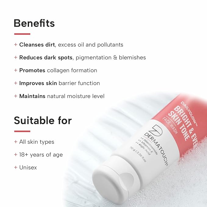 DERMATOUCH Bright & Even Tone Face Wash with Niacinamide & Kojic Acid – 70g | Daily Cleansing Gel image 3