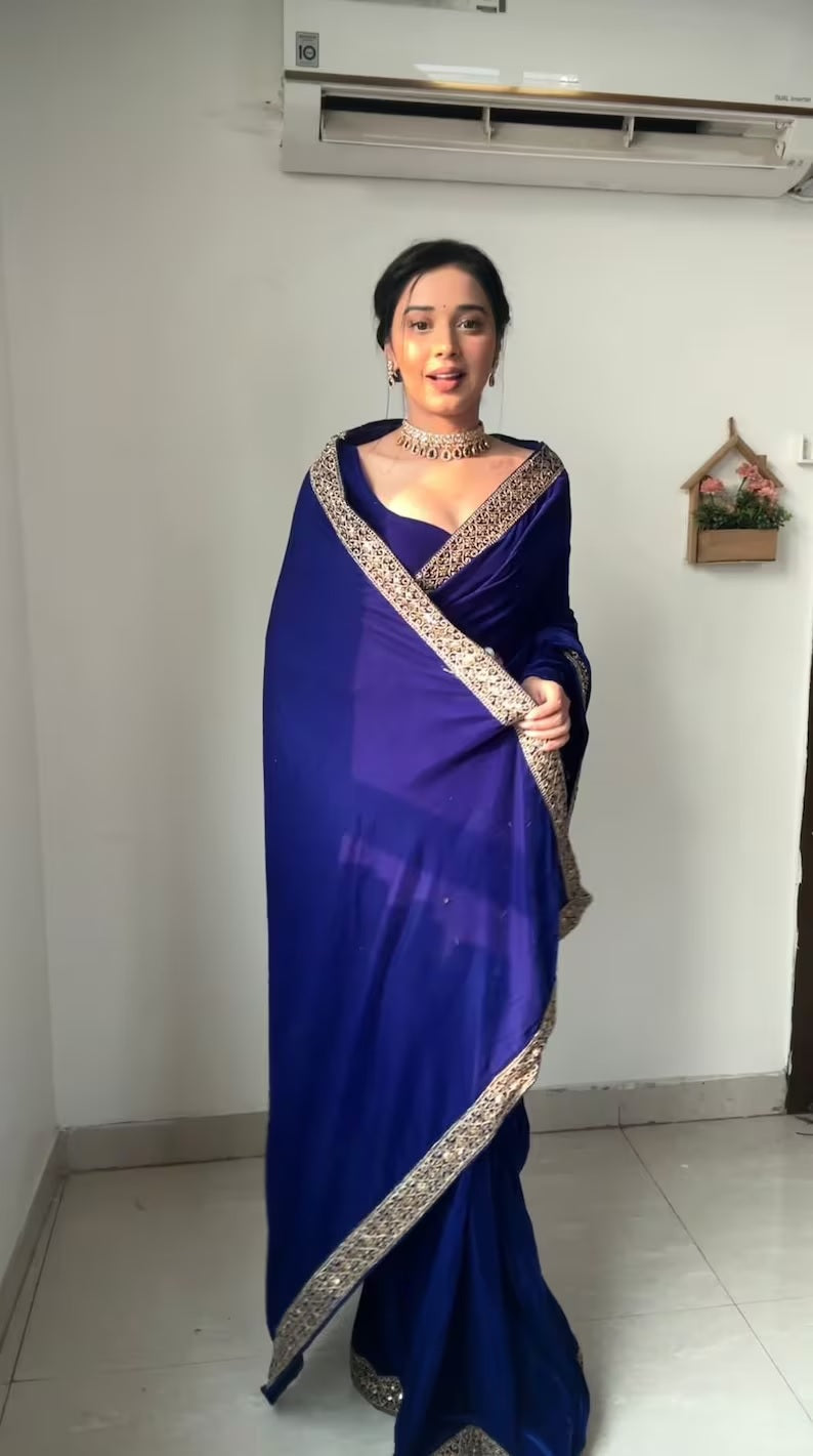 Pure Velvet With Embroidery Border Ready To Wear Saree image 6