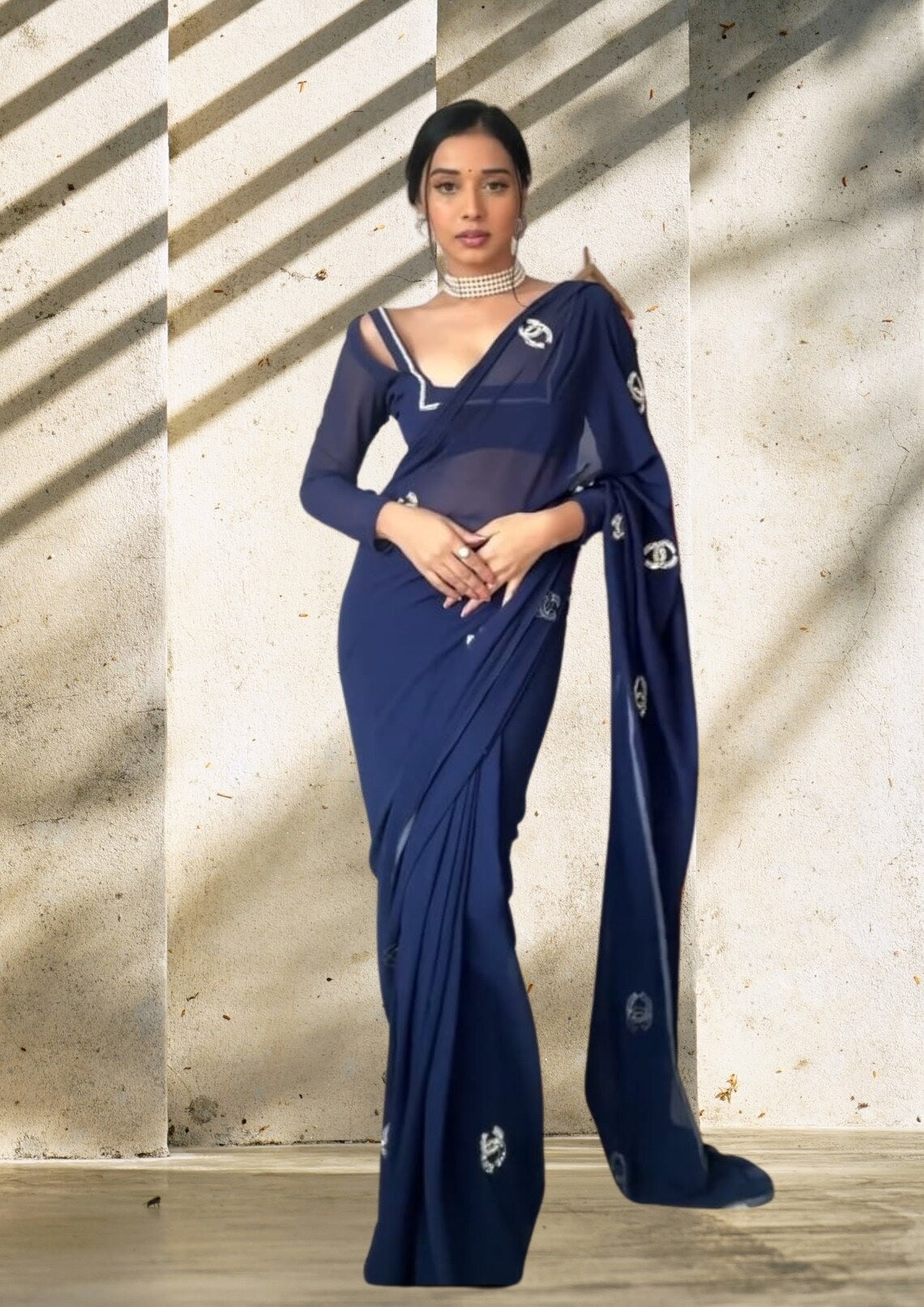 Premium Georgette & Beautiful Embroidery Work Ready To Wear Saree image 6