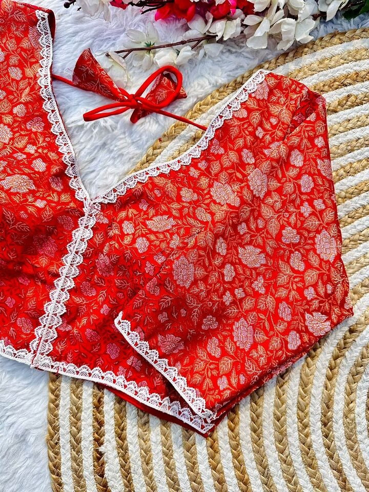 Banaras Silk Blouse Golden And Silver Jari Blouse, Ready Made Blouse image 6