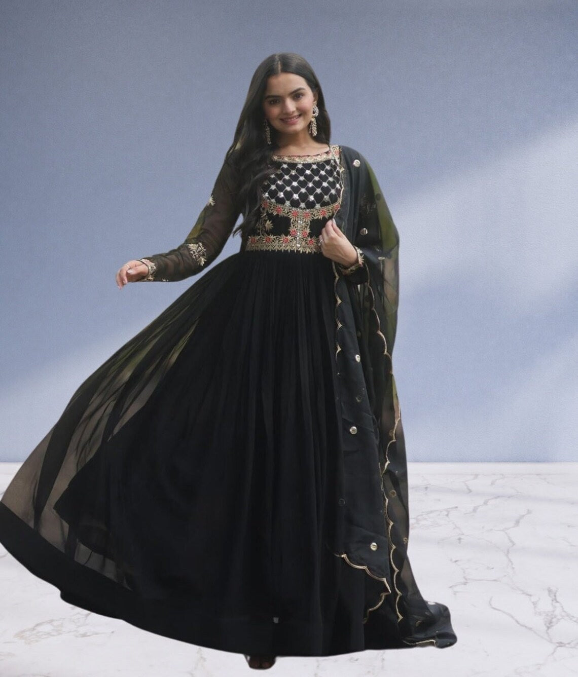 Faux Blooming with Sequins Embroidered work Anarkali Gown Long Dress image 6
