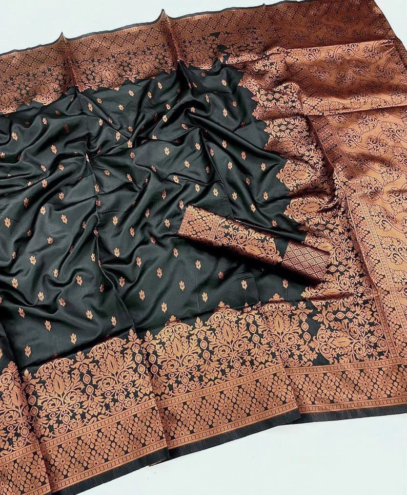Black Soft Lichi Silk Saree image 6