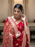 Red  Banarasi Soft Silk Saree With  Unstitched Blouse image 6