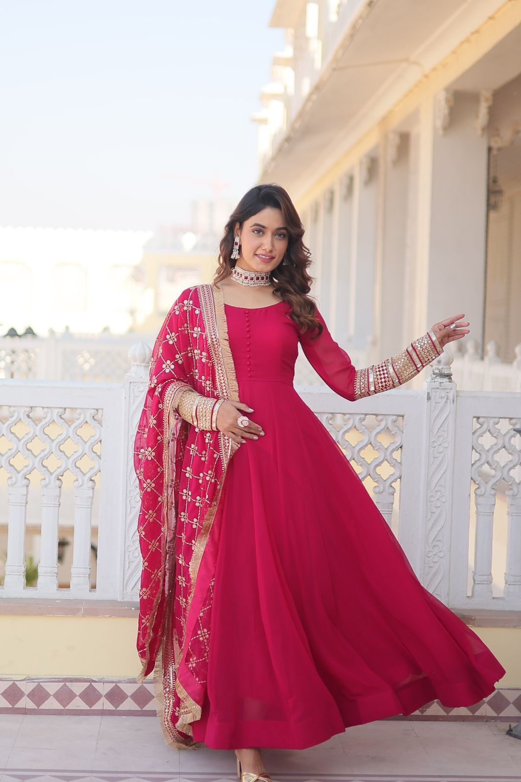 Rani Faux Blooming Sequence Embroidery Work Gown Dress With Dupatta image 2