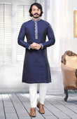 Navy Blue Pure Silk Jequard Embroidery Work Men's Kurta image 1