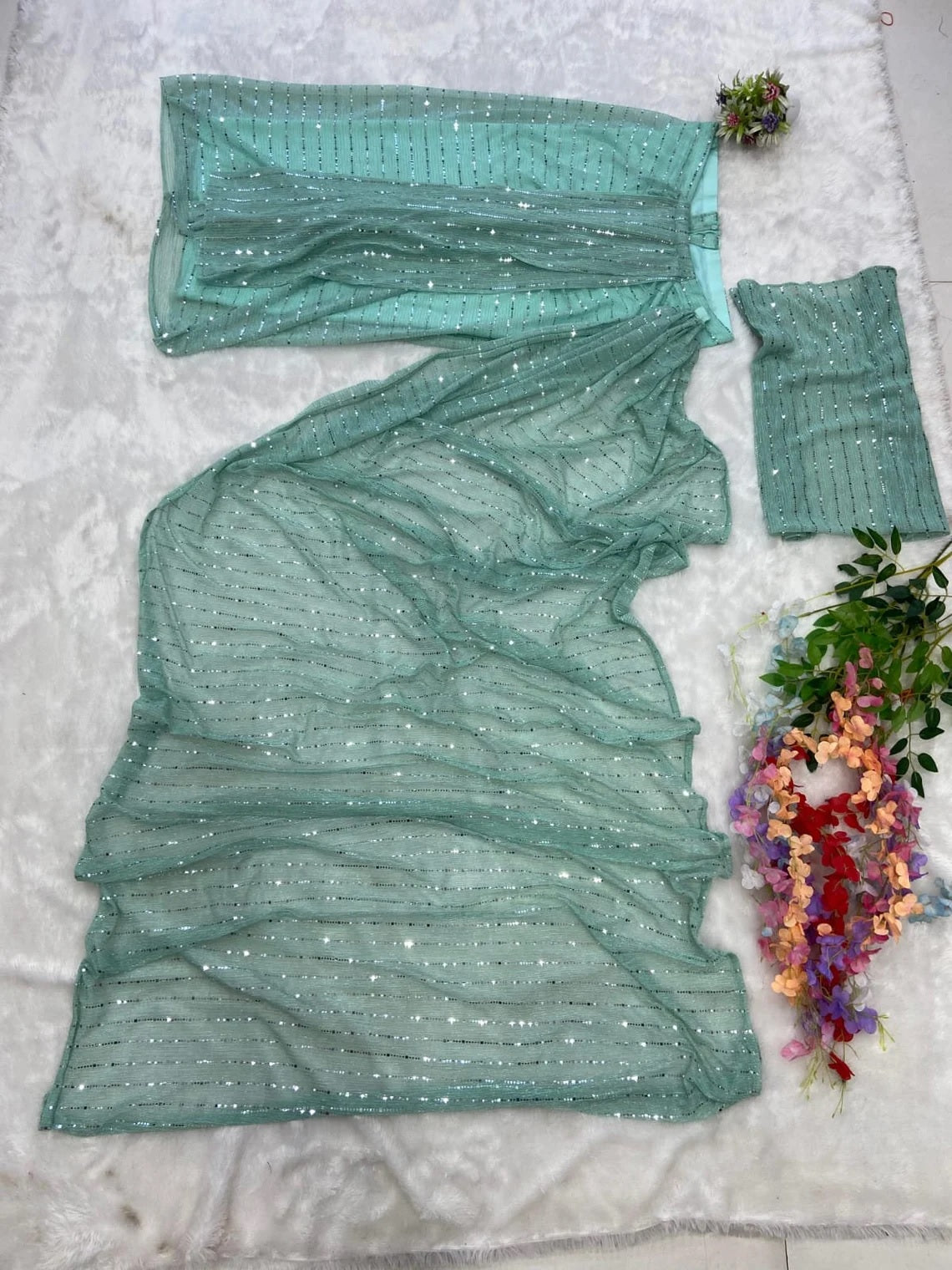 Mint Green Imported Premium Net Ready To Wear Saree image 6
