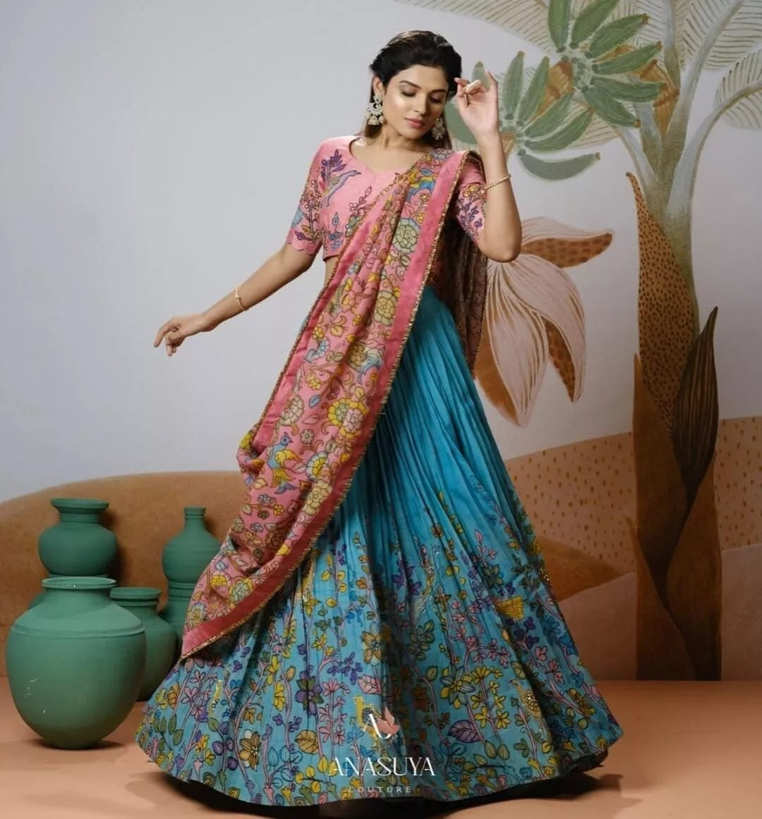 Soft Chinon Silk, Kalamkari Printed Work Lehenga Blouse With Dupatta image 1