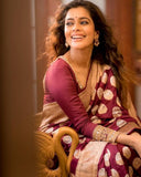 Maroon Soft Lichi Silk Saree With Unstitched Blouse image 6