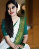 Green & White Ethnic Chexs Lichi Silk Blend Banarasi Saree image 2