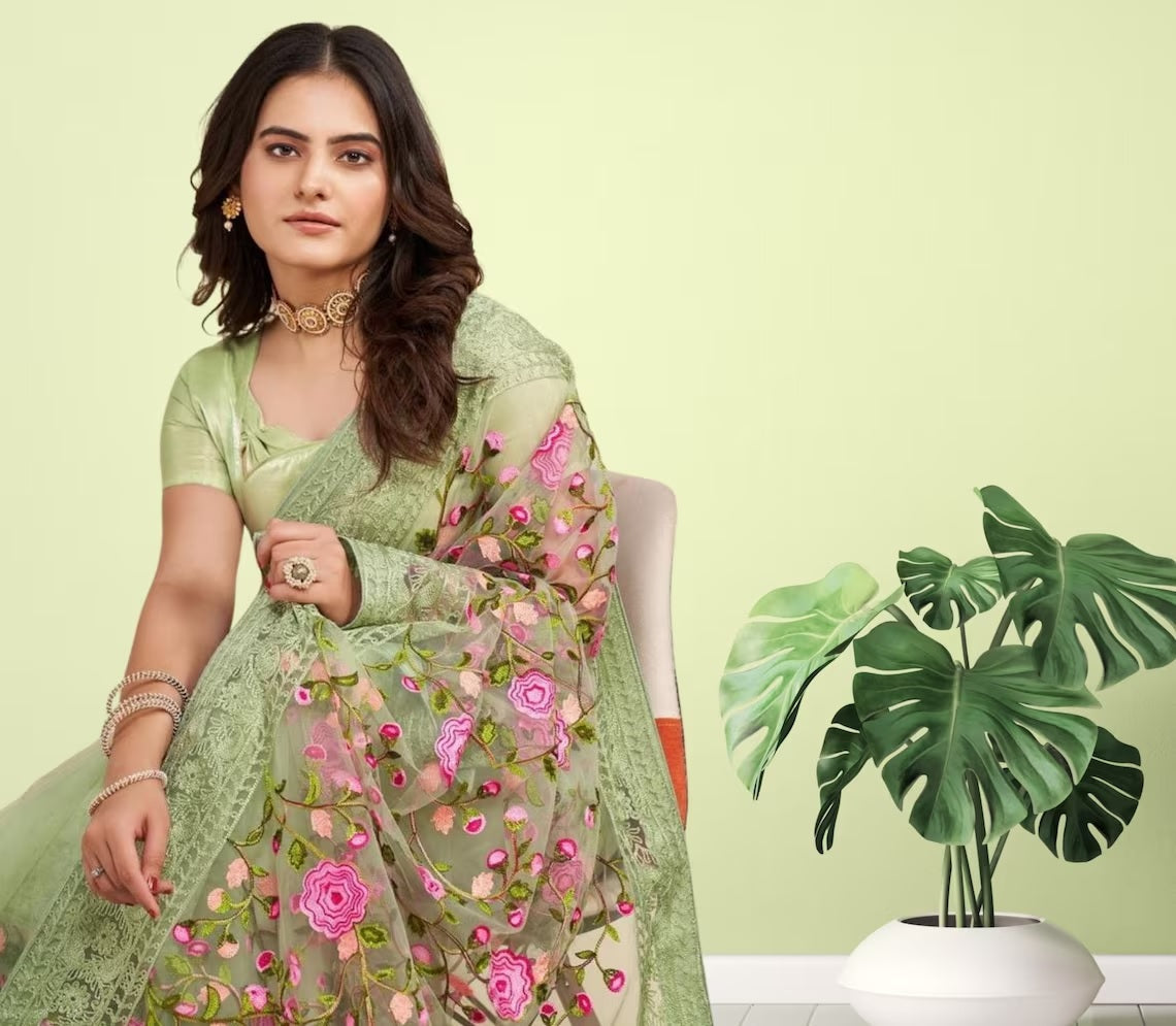 Soft Net Chikankari Embroidery Design Saree With Blouse image 6