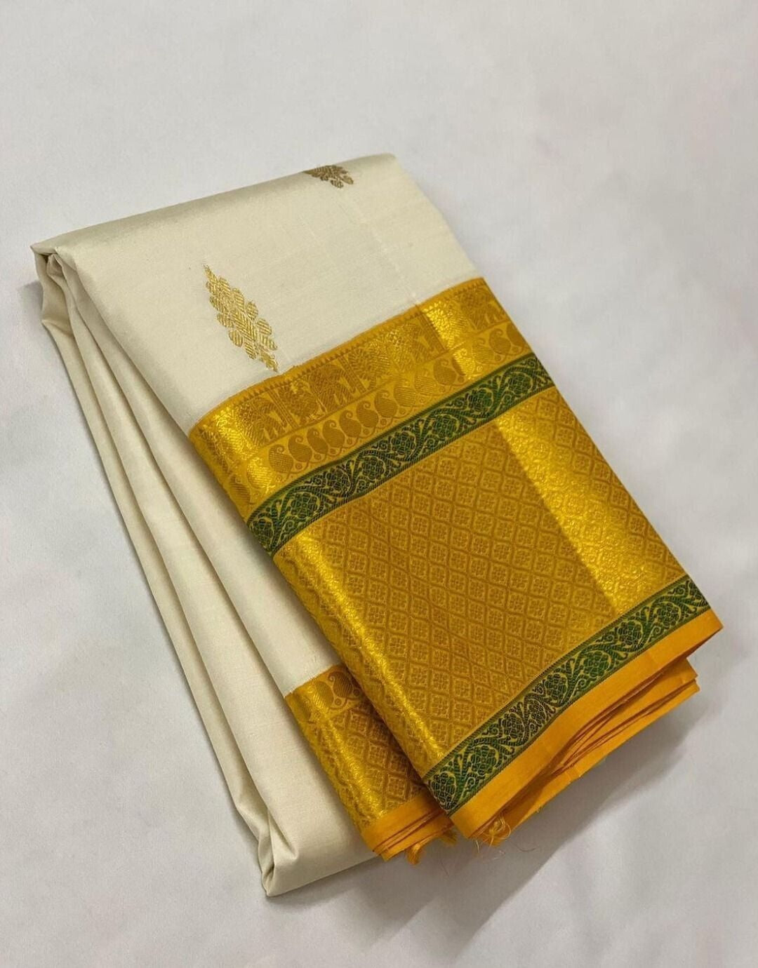 Yellow and White Soft Lichi Silk Saree image 6