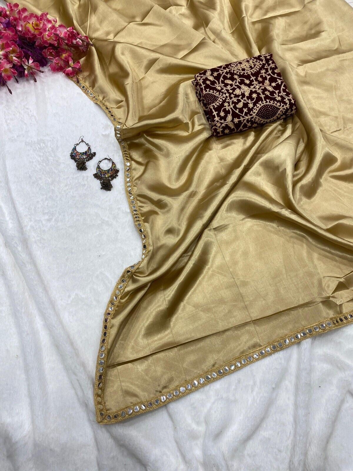 Japan Satin With Beautiful Mirror Lace Border Saree With Blouse image 8