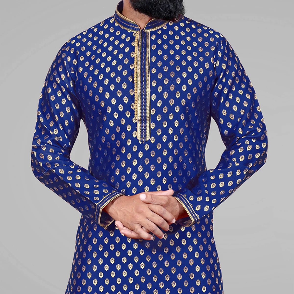 Blue Pure Silk Jacquard Embroidery Kurta Pajama image 2