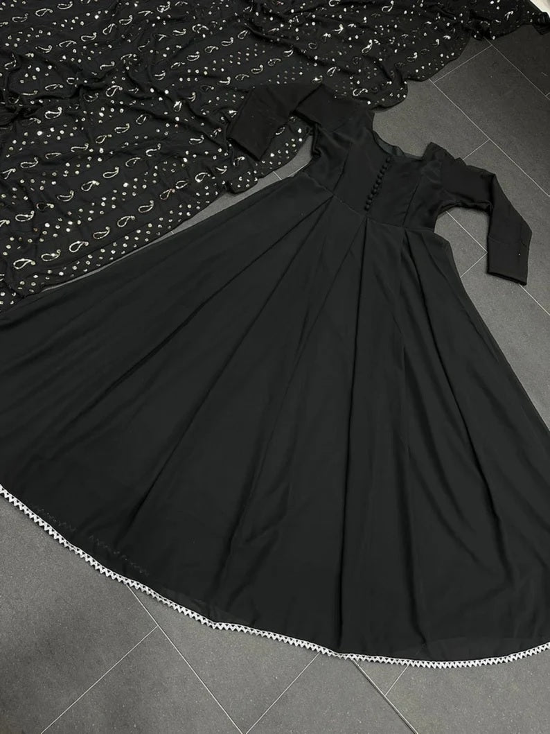 Black Faux Georgette Anarkali Gown Dresses With Dupatta image 6