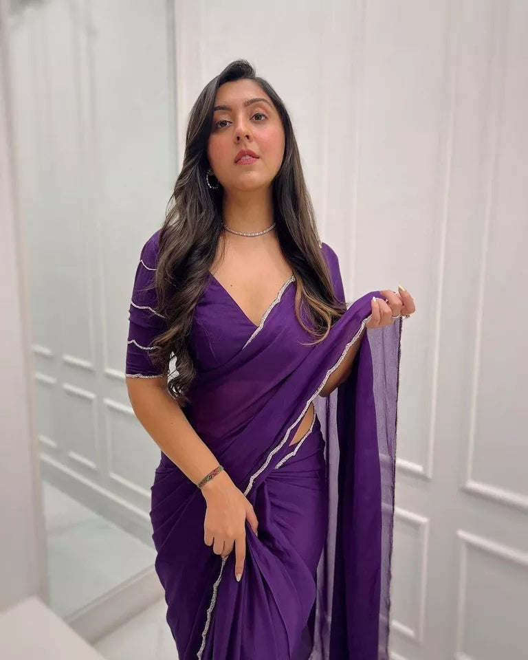Classic Soft Rich Elegant Chinon Fabric Saree & Blouse image 6