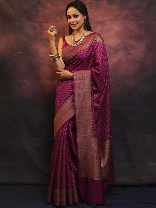 Redviolet Banarasi Soft Silk Saree With Unstitched Blouse image 1