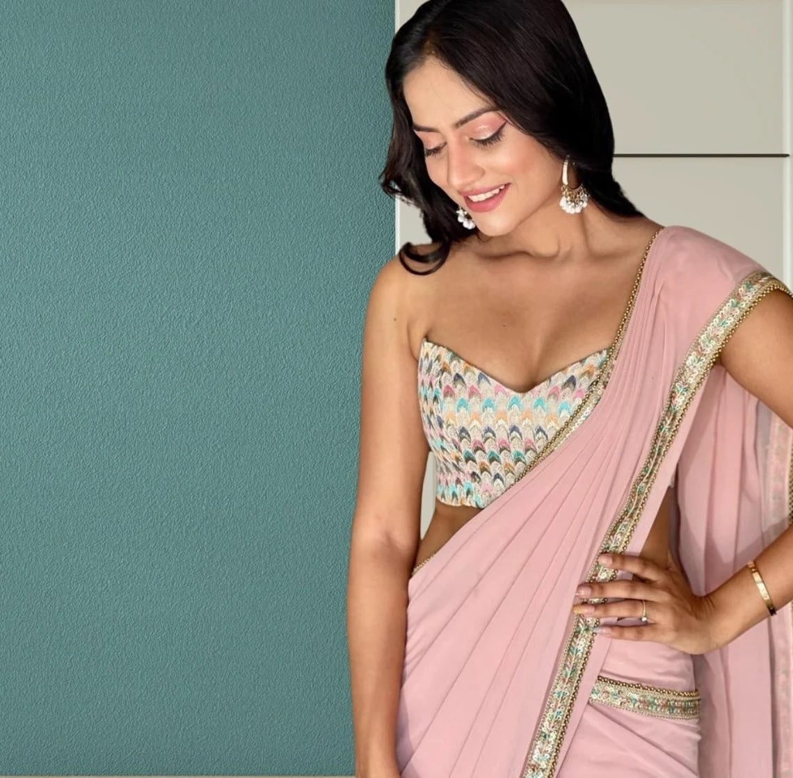 Plain Smooth Georgette Saree With Embroidery Work Blouse image 6