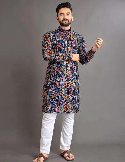 Navy Blue Men's Premium Soft Cotton Foil Print Kurta image 6