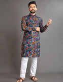 Navy Blue Men's Premium Soft Cotton Foil Print Kurta image 6