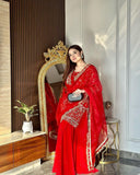 Red Blooming Georgette With Embroidery Work Top Bottom & Dupatta image 1