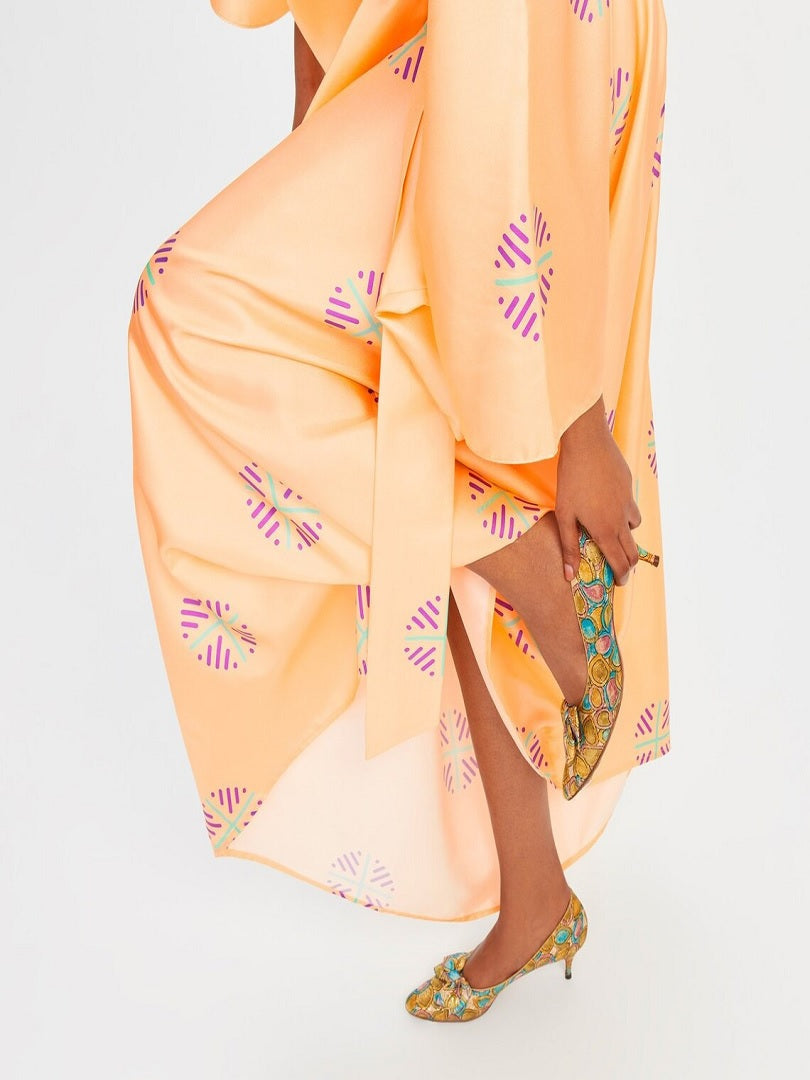 Peach Color V-Neck Belt Style Women Satin Silk Printed Kaftan J5632 image 7