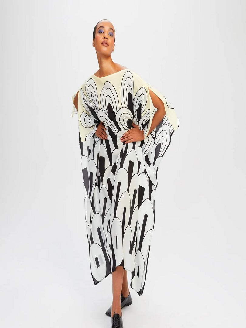 Geometric Boat Neck Style Silk Crepe Printed Kaftan J5633 image 7