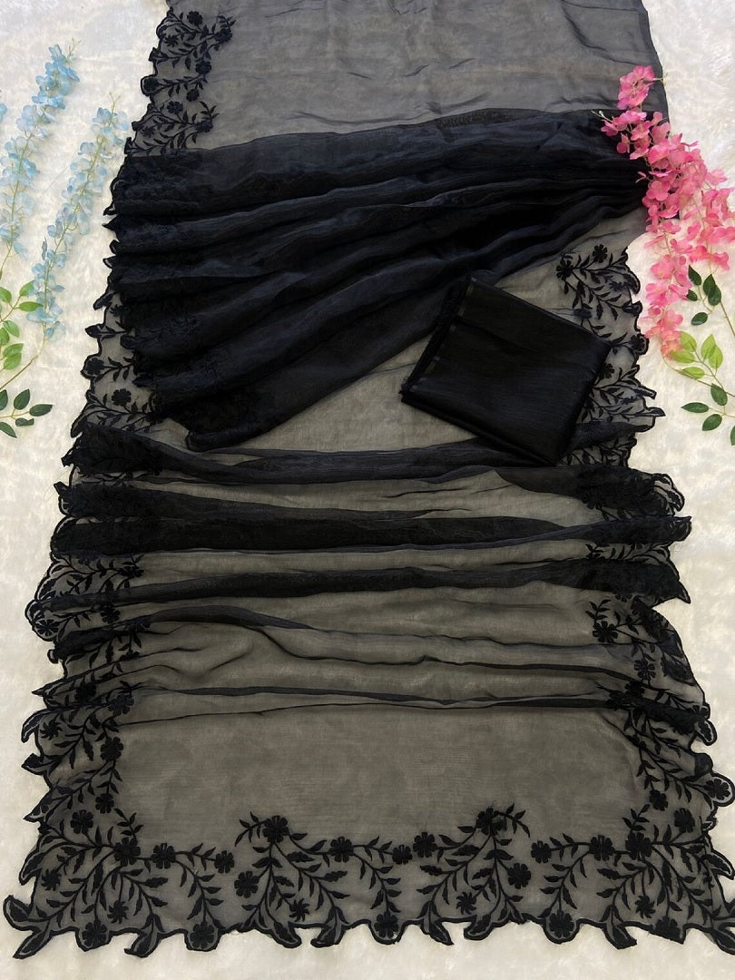 Organza Silk With Heavy Embroidery Work Saree image 7
