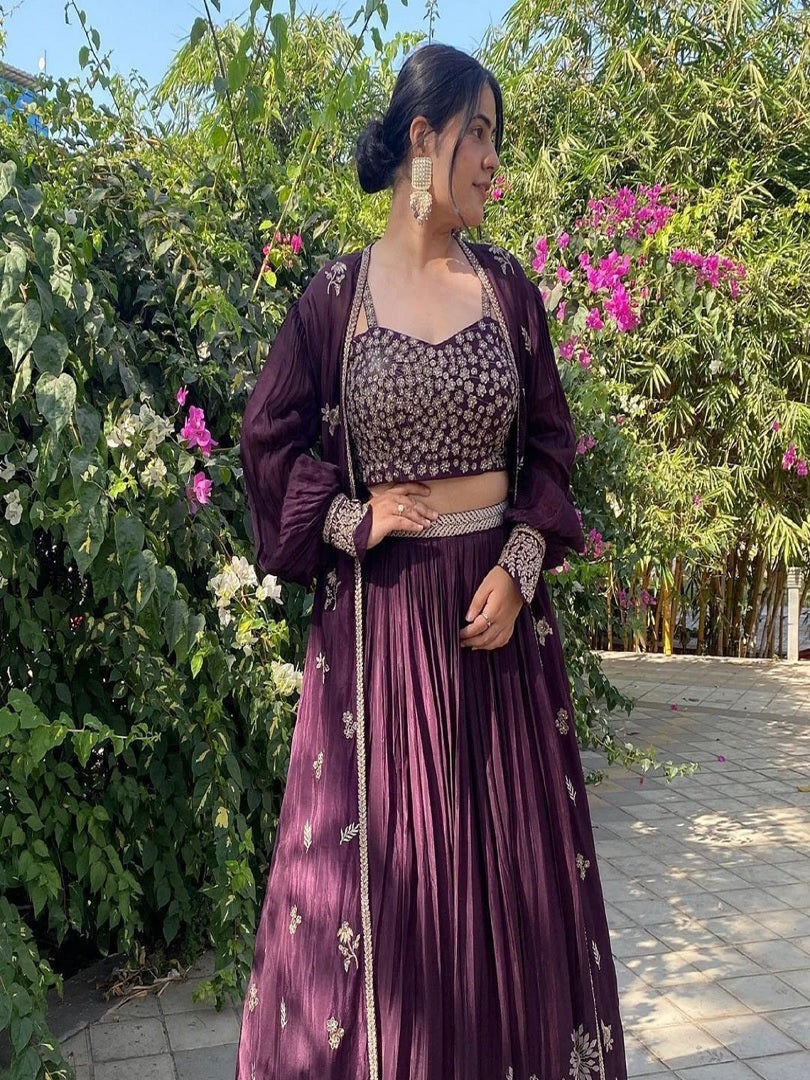 Eggplant Chinon Sequence Embroidered Lehenga Choli With Koti Set image 3