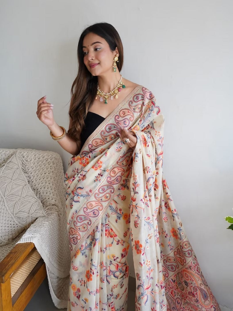 Off White Kashmiri Thread Weaving Pure Zari Work Saree image 7