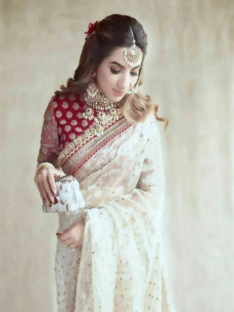 White Khadi Organza Silk Embroidery Thread Sequence Work Saree image 7