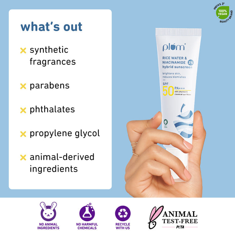 Plum 2% Niacinamide & Rice Water SPF 50 PA+++ Hybrid Sunscreen - 50 GMS image 3