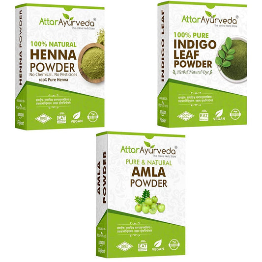 Attar Ayurveda Henna Leaves Powder, Indigo Leaves Powder and Amla Powder Combo image 1