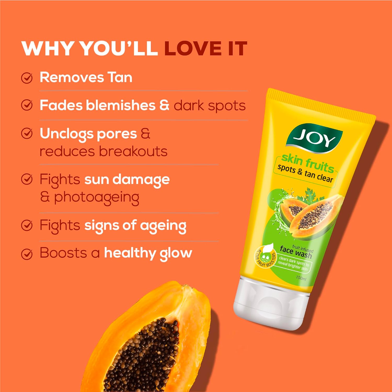 Joy Tan Removal Papaya Face Wash (2X150ml) pack of 2 Removes Dark Spots & Tan For Clean & Glowing Skin | Suitable for All Skin Types image 3