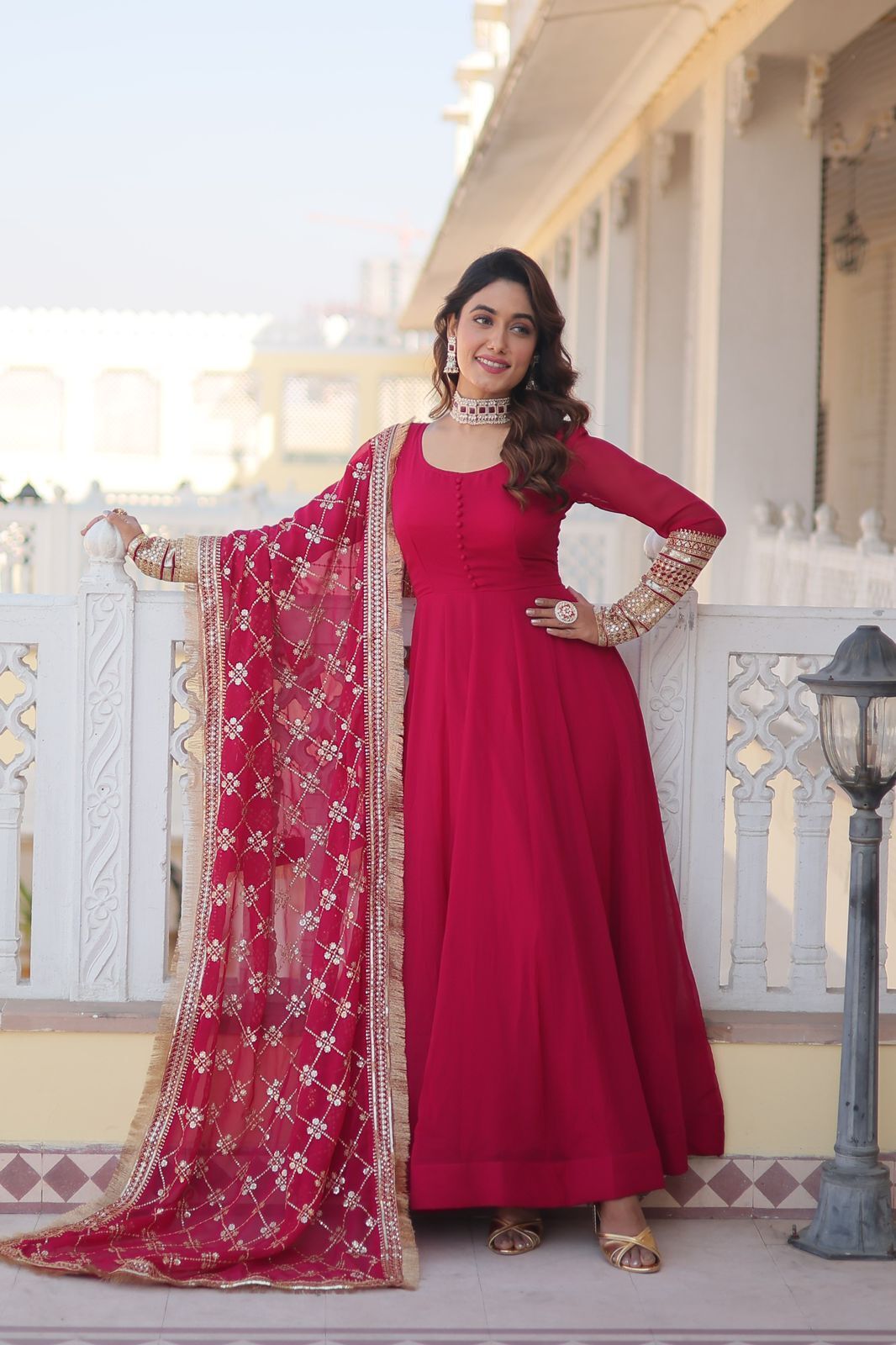 Rani Faux Blooming Sequence Embroidery Work Gown Dress With Dupatta image 3