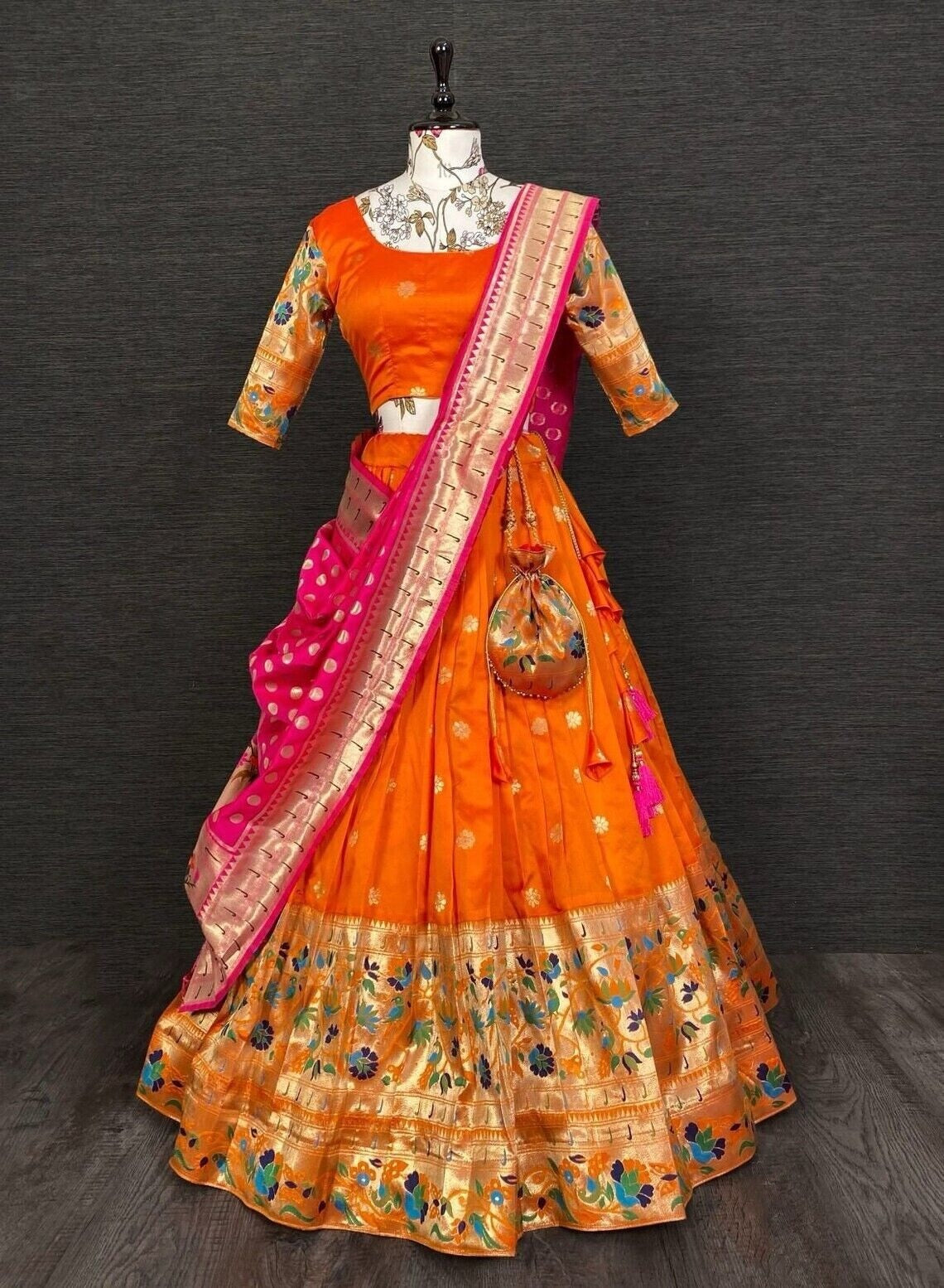 Orange Silk Paithani Weaving Zari Work Lehenga image 7