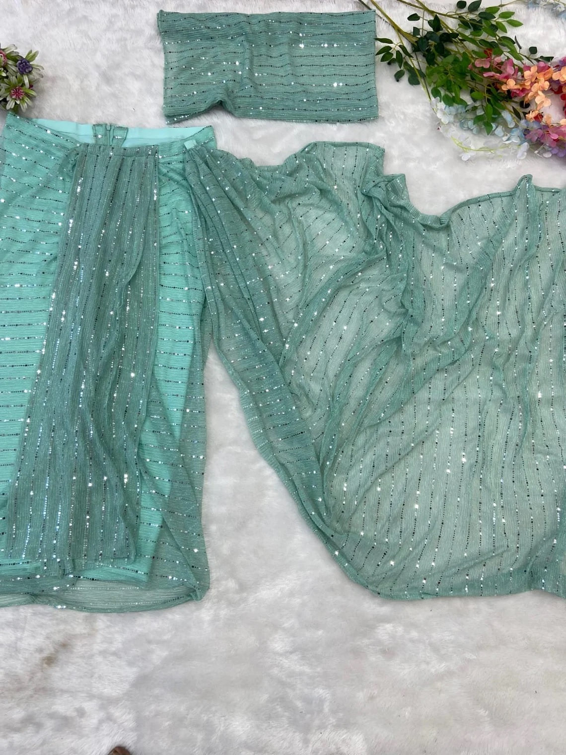 Mint Green Imported Premium Net Ready To Wear Saree image 7